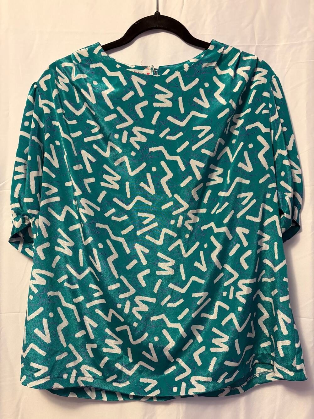 Vintage Wai Ming Abstract Print Top Teal Green Puff Sleeve Sz 13/ M